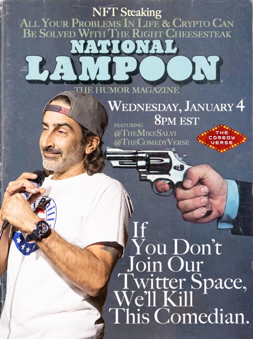 NLStudios_eth's tweet photo. Late Night Comedy with National Lampoon is kicking off this week! 

Late Night will be a community oriented spaces with special guests. Crack a beer and come hang out with us. 

Our first spaces will be co-hosted with @themikesalvi and @HashBastardsNFT. 

https://t.co/6bGa78SCNs https://t.co/PSEUD1rlvW
