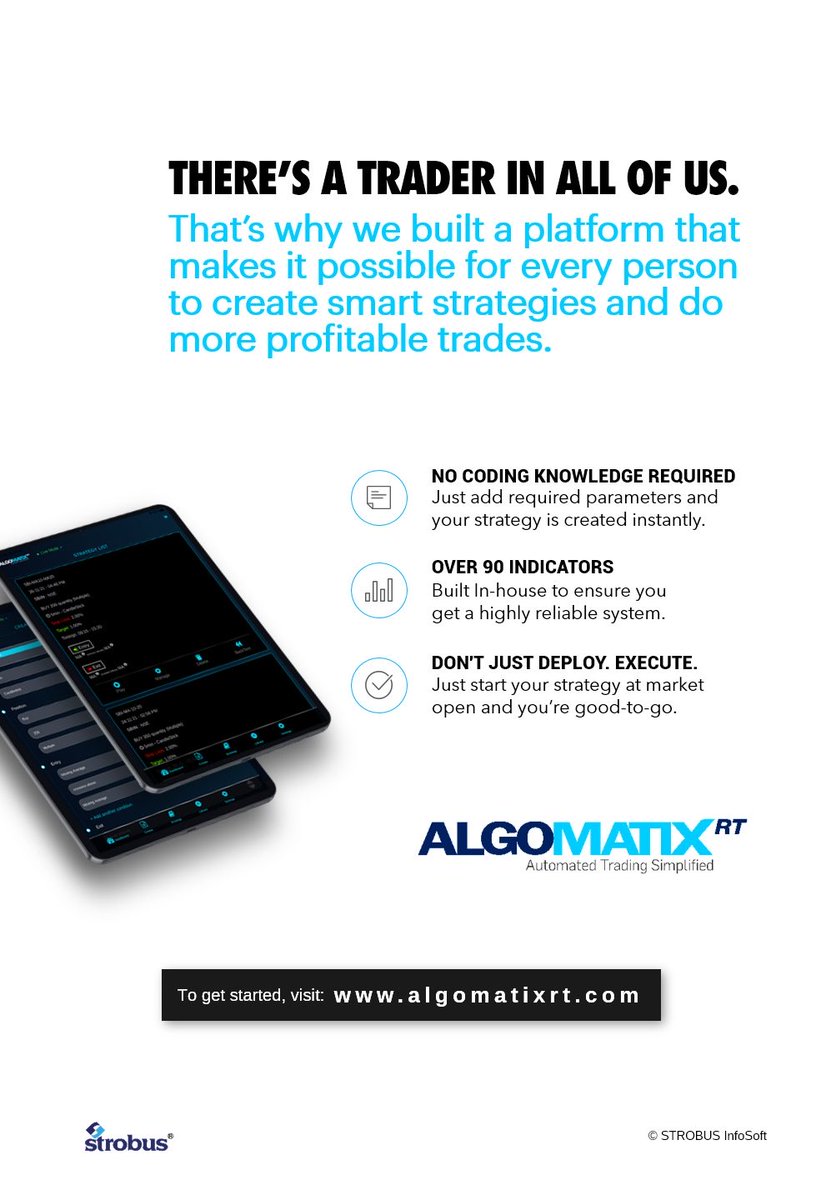 There's a trader in all of us.
ALGOMATIX-RT makes it possible for everyone to create #SmartTradingStrategies and do more #ProfitableTrades.
#AlgoTrading #AlgoStrategies #Strategies #Algorithms #Indicators #SaaS
@ALGOMATIX-RT #AutomatedTradingSimplified
algomatixrt.com