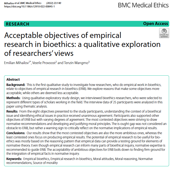 Emilian Mihailov (@m_emilian) on Twitter photo This is the first qualitative exploration of empirical bioethics researchers. Me, <a href="/VeerleProvoost/">Veerle Provoost</a> and Tenzin Wangmo explore reasons that make some objectives of empirical bioethics more acceptable, while others are deemed less acceptable.
bmcmedethics.biomedcentral.com/articles/10.11… This is the first qualitative exploration of empirical bioethics researchers. Me, <a href="/VeerleProvoost/">Veerle Provoost</a> and Tenzin Wangmo explore reasons that make some objectives of empirical bioethics more acceptable, while others are deemed less acceptable.
bmcmedethics.biomedcentral.com/articles/10.11…