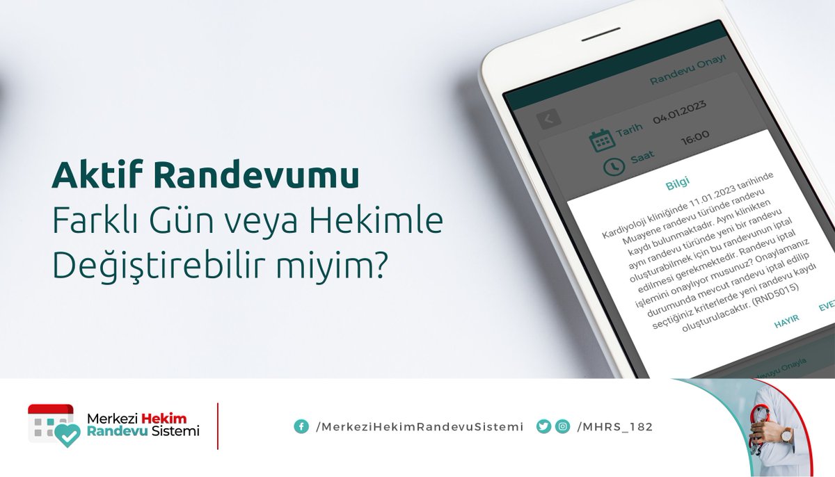Randevunuzu farklı gün veya hekimle değiştirmek MHRS'de çok kolay. Aynı polikliniğin farklı gün ve saatini seçtikten sonra onay adımına geldiğinizde karşınıza aktif randevunuzla yenisini değiştirmek isteyip istemediğiniz sorulur. "Evet"e basarak bu işlemi gerçekleştirebilirsiniz.