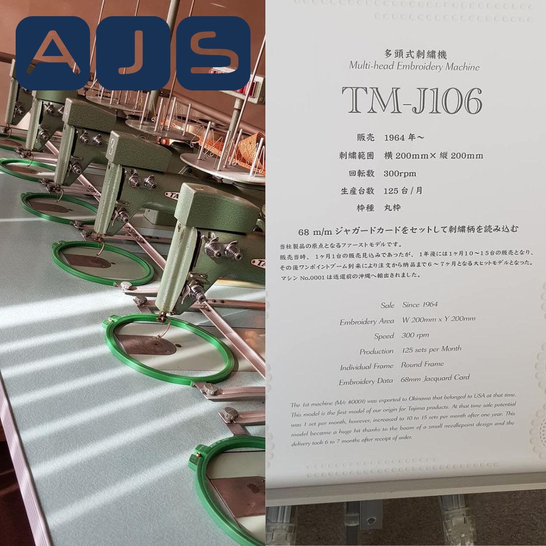 AJSEmbroidery's tweet image. A small history lesson from Tajima...

#Tajima #embroiderymachines #embroidery #ASJEmbroideryServices #TM-J106 #multiheadembroiderymachines #singleheadembroidermachines #TajimaSAI #outstandingquality #builttolast