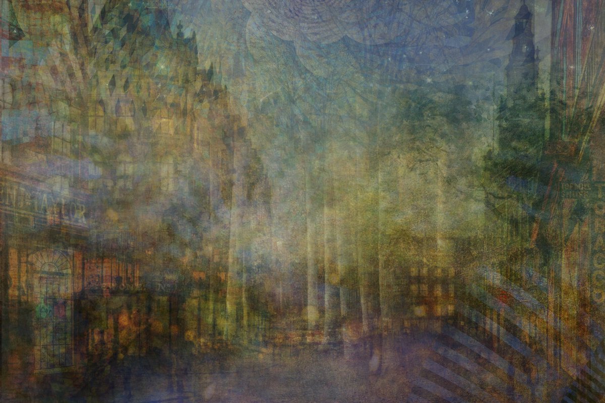 A number of antique artworks and original textures combined. It feels mysterious and transitory to me. Is it a forest or a city? Which way is it going?
#digitalcollage #digitalart #antiqueart #alteredart