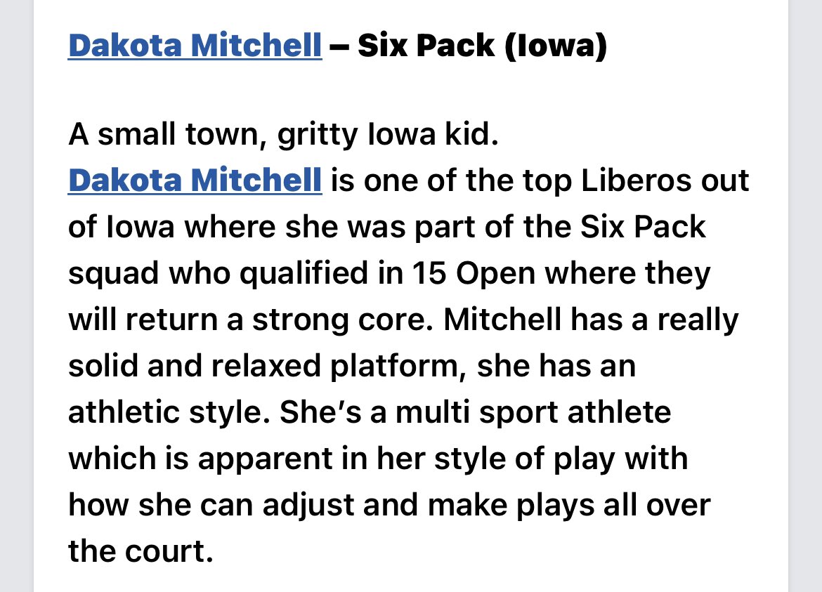 dakotajmitchell's tweet photo. Thank you @PrepDigChris for the write up! Thankful to be mentioned among these amazing Liberos and Athletes! @PrepDigIA @PrepDig https://t.co/23jk2EDAC5