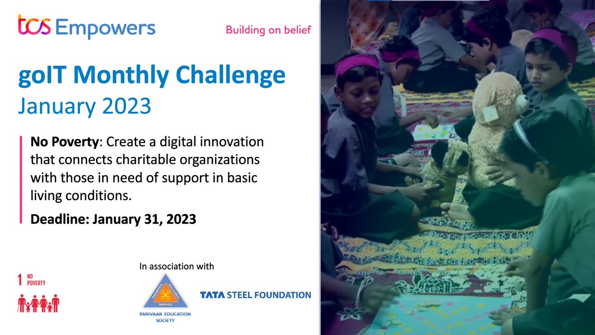 For this #goITMonthlyChallenge, we’ve partnered with Parivaar, India and #TataSteelFoundation to challenge students around the world to create a digital innovation that addresses <a href="/UN/">United Nations</a> <a href="/SustDev/">UN DESA Sustainable Development</a> Goal 1: No Poverty. 
Register here: tcsempowers.tcsapps.com/apac/goit-main…

#TCSEmpowers #STEMeducation