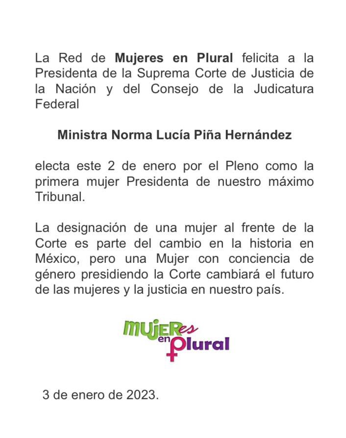 Mujeres en Plural (@mujeresplural) on Twitter photo <a href="/MujerEsPlural/">Mujeres en Plural</a> felicita a la Presidenta de la <a href="/SCJN/">Suprema Corte</a> y del <a href="/CJF_Mx/">CJF</a> Ministra Norma Lucía Piña Hernández electa este 2 de enero por el Pleno como la primera mujer Presidenta de nuestro máximo Tribunal. <a href="/MujerEsPlural/">Mujeres en Plural</a> felicita a la Presidenta de la <a href="/SCJN/">Suprema Corte</a> y del <a href="/CJF_Mx/">CJF</a> Ministra Norma Lucía Piña Hernández electa este 2 de enero por el Pleno como la primera mujer Presidenta de nuestro máximo Tribunal.