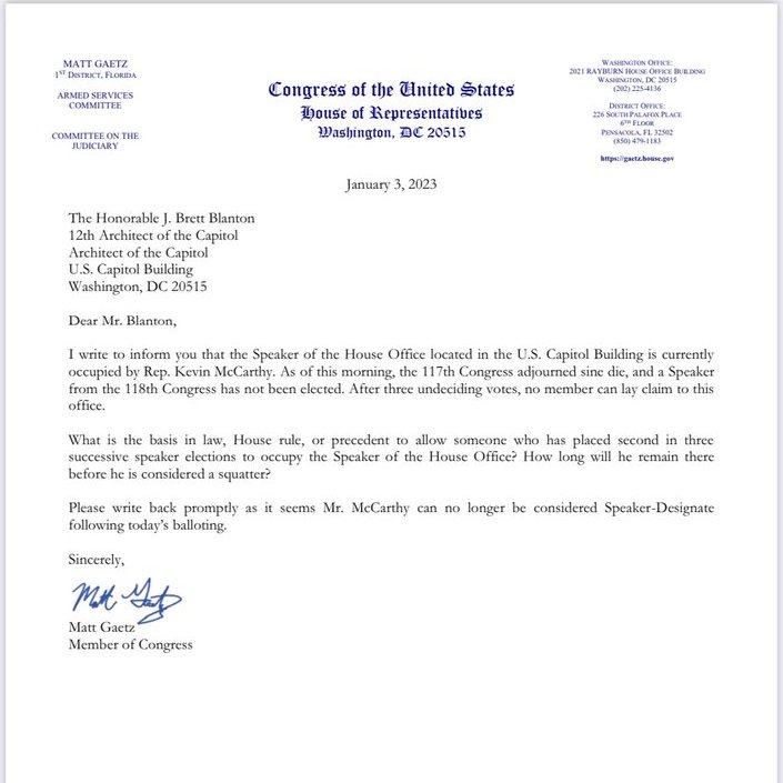 Tim Hogan on Twitter "Gaetz letter to the Architect of the Capitol asking why McCarthy is