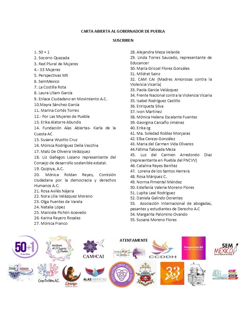 RedPluralMujer's tweet photo. Carta abierta al Gobernador de Puebla

@SergioSalomonC
@Gob_Puebla
@FiscaliaPue
@GobiernoMX
@Segob_Puebla

#NiUnoMas 
#NiUnaMenos https://t.co/0OsiCN2RfA