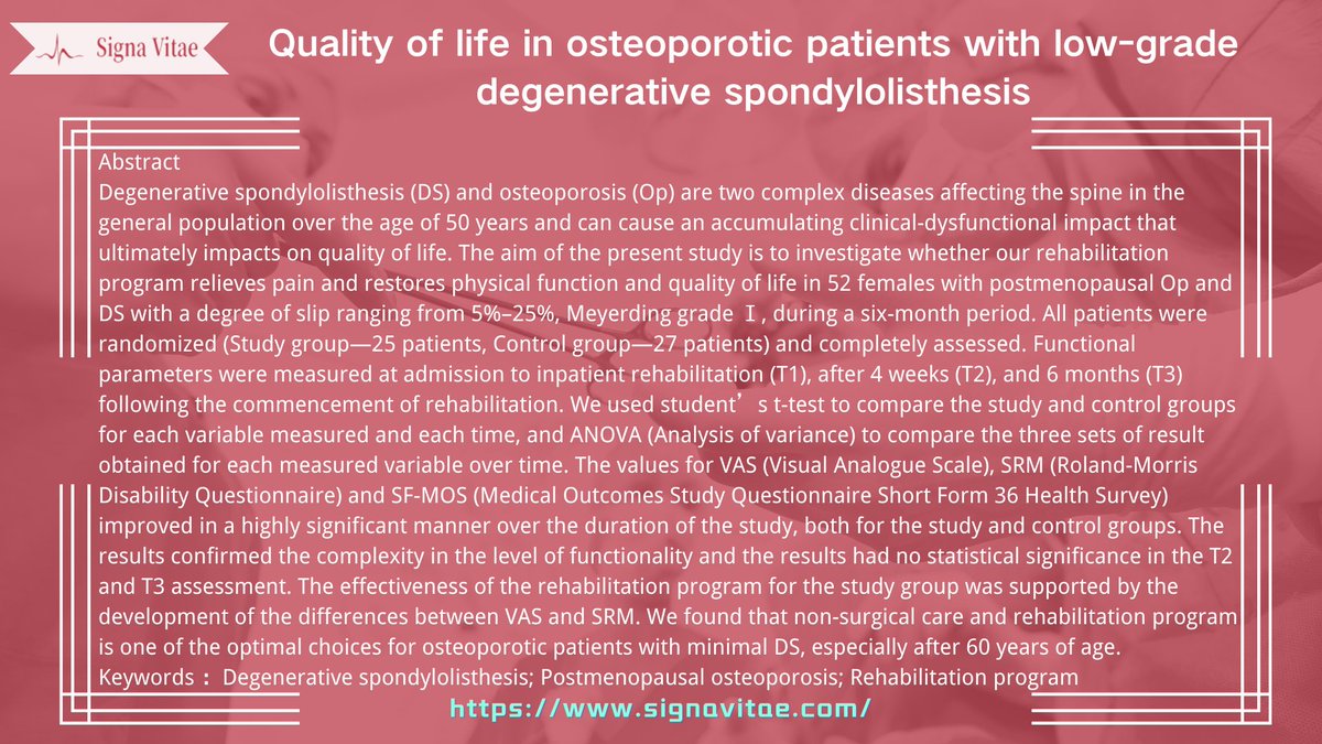 MRE_signavitae's tweet image. 【Article Title】“Quality of life in osteoporotic patients with low-grade degenerative spondylolisthesis”

【Click】signavitae.com/articles/10.22…

#Degenerativespondylolisthesis;#Postmenopausalosteoporosis;#Rehabilitationprogram;