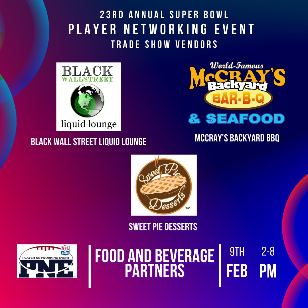 NFLPNE's tweet photo. Take a look at our trade show vendors for the 23rd annual Player Networking Event 👀! A great opportunity to connect with players, business owners, brands and more Super Bowl weekend 🏈 #NFLPNE #superbowlLVII #sportsnetworking https://t.co/WI7qyoz8pv