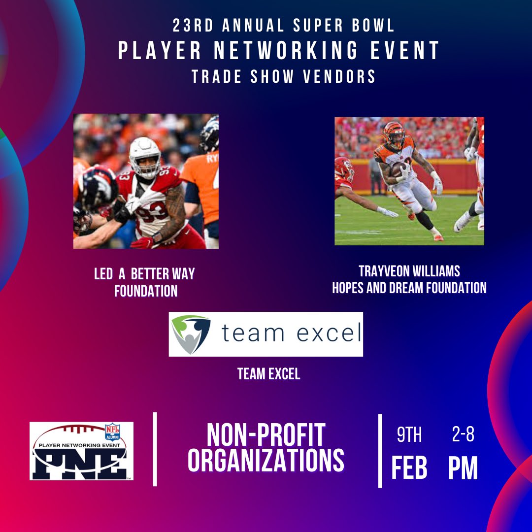NFLPNE's tweet photo. Take a look at our trade show vendors for the 23rd annual Player Networking Event 👀! A great opportunity to connect with players, business owners, brands and more Super Bowl weekend 🏈 #NFLPNE #superbowlLVII #sportsnetworking https://t.co/WI7qyoz8pv