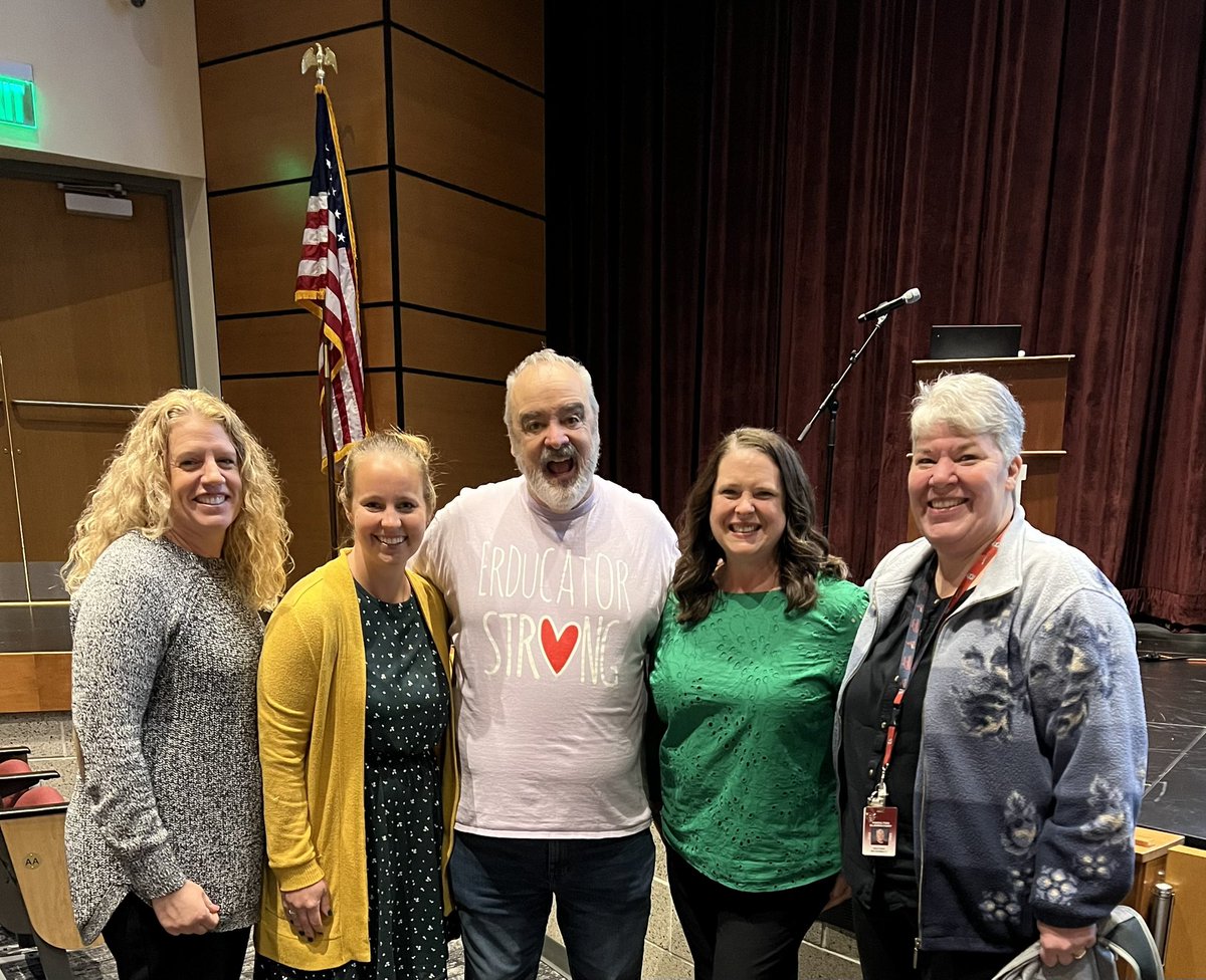 MrsBeckyComp's tweet photo. First Grade Team @Hamfamwildcats posing with @gerrybrooksprin who made us laugh, but also reminded us about so many important aspects and responsibilities of being a teacher. What a remarkable way to start 2023! Thank you @MolineCVSchools https://t.co/tcJ3rPfR7S