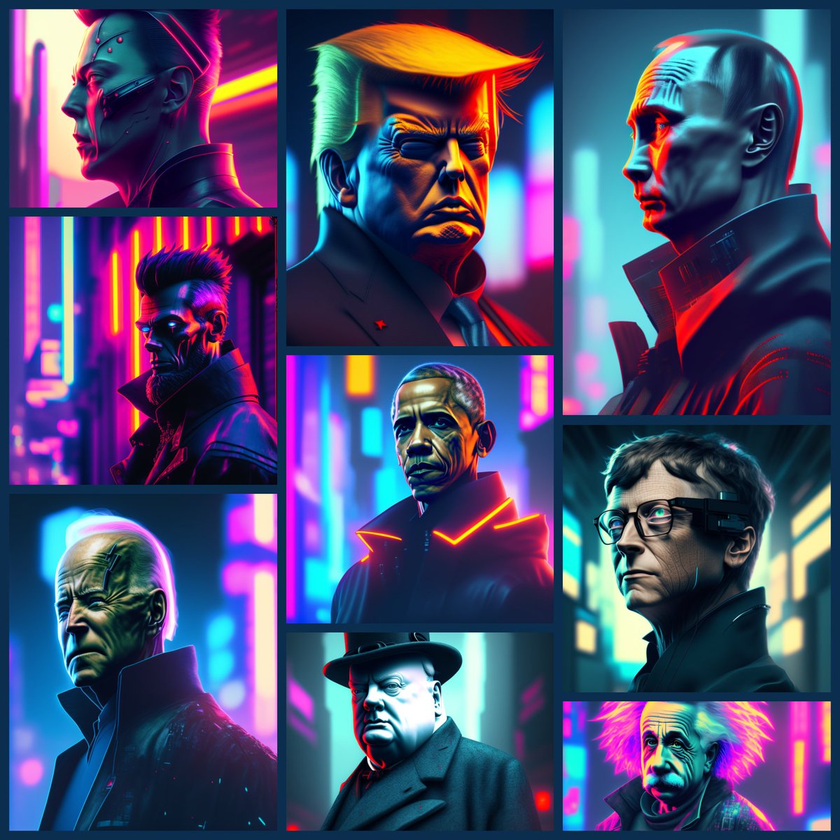 freakingmachine's tweet photo. Cyberpunk NFT collection! I'm sure you know these faces.
https://t.co/Rc7Pe66uo6
#nft #nftart #opensea #cyberpunk #trump #obama #elonmusk #biden #einstein #jobs #putin #lincoln #churchill #billgates https://t.co/hFSvUJNwys