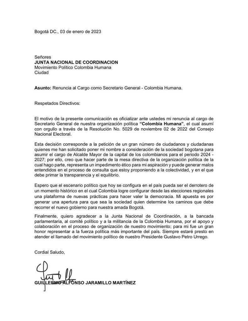 GA_Jaramillo's tweet photo. Presenté mi renuncia al cargo de Secretario General de @ColombiaHumana_. Agradezco a quienes de una u otra forma ayudaron a que hoy seamos el movimiento político más importante del país. El propósito es proponerle a la sociedad bogotana mi nombre como Alcalde Mayor de Bogotá. https://t.co/dAL0X5ozQj