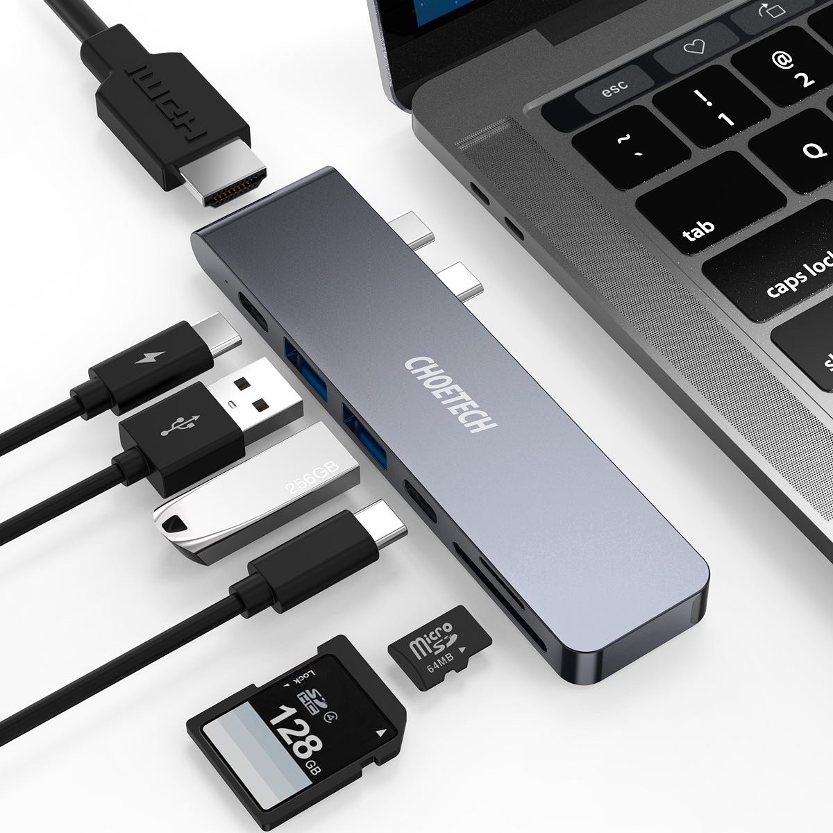 CHOETECH's tweet image. This 7-in-2 USB-C Multiport Adapter will expand your MacBook Pro/Air with a 4K HDMI, USB-C power delivery &amp;amp; data transfer as well as offer pass-through charging - all these features packed inside a tiny, sleek shell #choetech #multiport #adapter #hub #macbook
