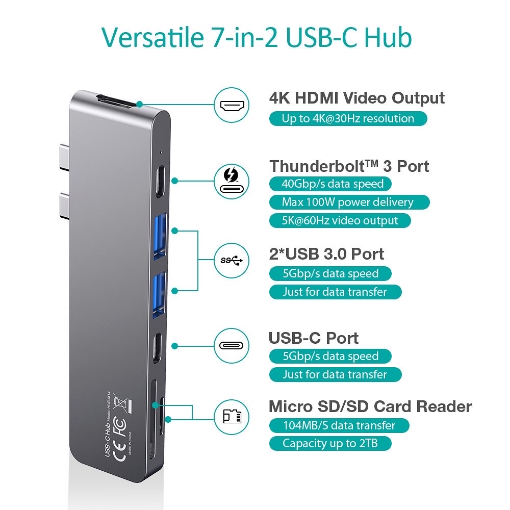 CHOETECH's tweet image. This 7-in-2 USB-C Multiport Adapter will expand your MacBook Pro/Air with a 4K HDMI, USB-C power delivery &amp;amp; data transfer as well as offer pass-through charging - all these features packed inside a tiny, sleek shell #choetech #multiport #adapter #hub #macbook