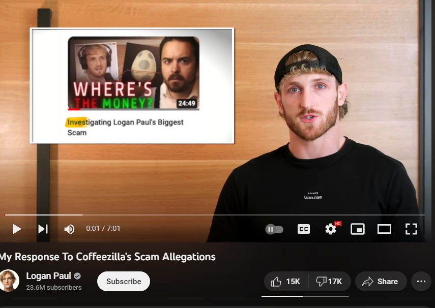 theserfstv's tweet photo. Logan Paul's response to Coffeezilla completely exposing his crypto currency scam has to be one of the funniest attempts at salvation I've ever seen. 
His entire argument is basically that the people he worked with are actually way worse than CZ said so...checkmate? https://t.co/3EwqLbGVnJ