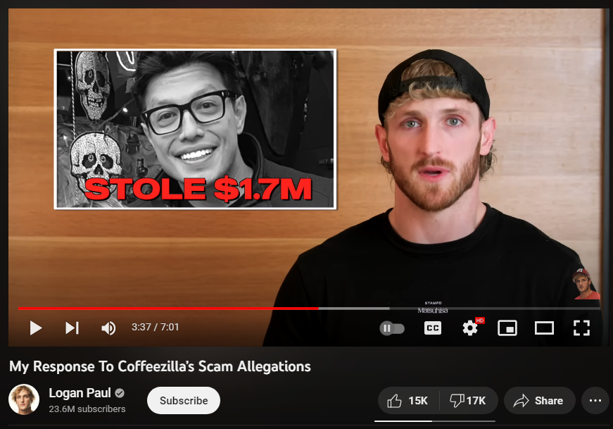 theserfstv's tweet photo. Logan Paul's response to Coffeezilla completely exposing his crypto currency scam has to be one of the funniest attempts at salvation I've ever seen. 
His entire argument is basically that the people he worked with are actually way worse than CZ said so...checkmate? https://t.co/3EwqLbGVnJ
