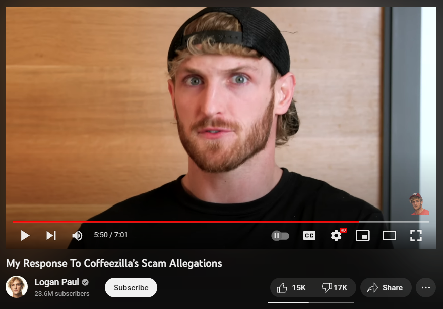 theserfstv's tweet photo. Logan Paul's response to Coffeezilla completely exposing his crypto currency scam has to be one of the funniest attempts at salvation I've ever seen. 
His entire argument is basically that the people he worked with are actually way worse than CZ said so...checkmate? https://t.co/3EwqLbGVnJ