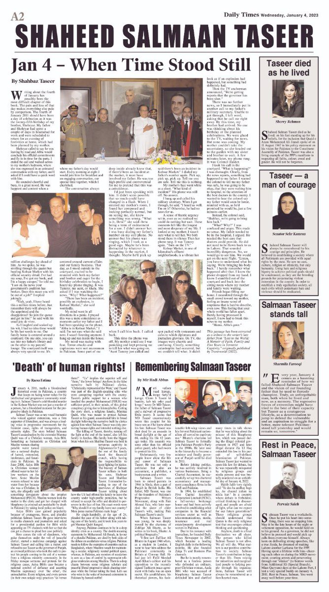 Shaheed #SalmanTaseer will always be remembered for his courage and principles. He believed in establishing a society where all Pakistanis are  provided with equal rights by the state. He saw no cast, culture, religion or ethnicity, but only humanity.
1/2
#RememberingSalmanTaseer