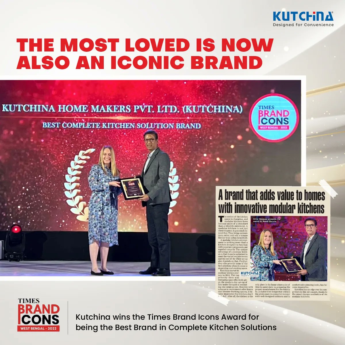 A big round of applause for Team Kutchina, for having won the Times Brand Icons Award as the best brand in 'Complete Kitchen Solutions'.
#KutchinaKitchens #Brand #Kitchen #kitchendesign #interiordesign #interiordecor #interior