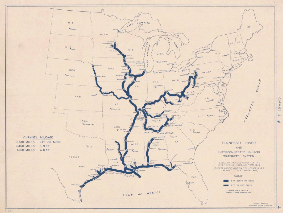 RhodesMaps's tweet image. 1944 map published by the TVA shows rivers and inland waterways as a transportation system... with stations and connecting lines of different types. Original in Alabama Dept of Archives: 
digital.archives.alabama.gov/digital/collec…

@AlabamaArchives @TVAnews #transitmaps