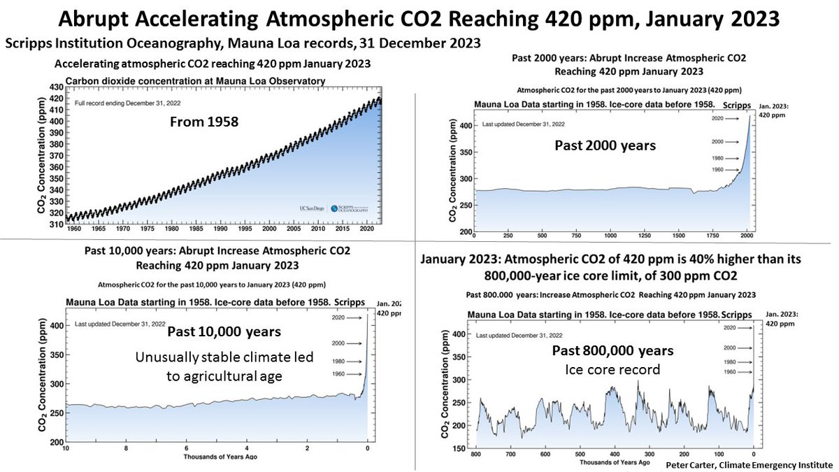 PCarterClimate's tweet image. ATMOSPHERIC CO2 420 ppm IN PERSPECTIVE
Perspective of atmospheric CO2 at 420 ppm from Scripps records- Headed breakneck speed for planet catastrophe 
  keelingcurve.ucsd.edu
#scripps #CO2 #climatechange #globalwarming