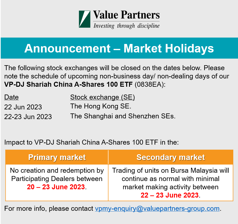 MAValuePartners's tweet photo. Dear investors, please take note of the upcoming market holidays. Units of VP-DJ Shariah China A-Shares 100 ETF can still be traded in the secondary market but its bid-ask spread may be higher. https://t.co/bkCXDQ4B9V