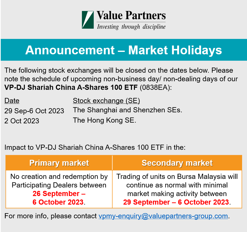 MAValuePartners's tweet photo. Dear investors, please take note of the upcoming market holidays. Units of VP-DJ Shariah China A-Shares 100 ETF can still be traded in the secondary market but its bid-ask spread may be higher. https://t.co/NED1SAwgrZ