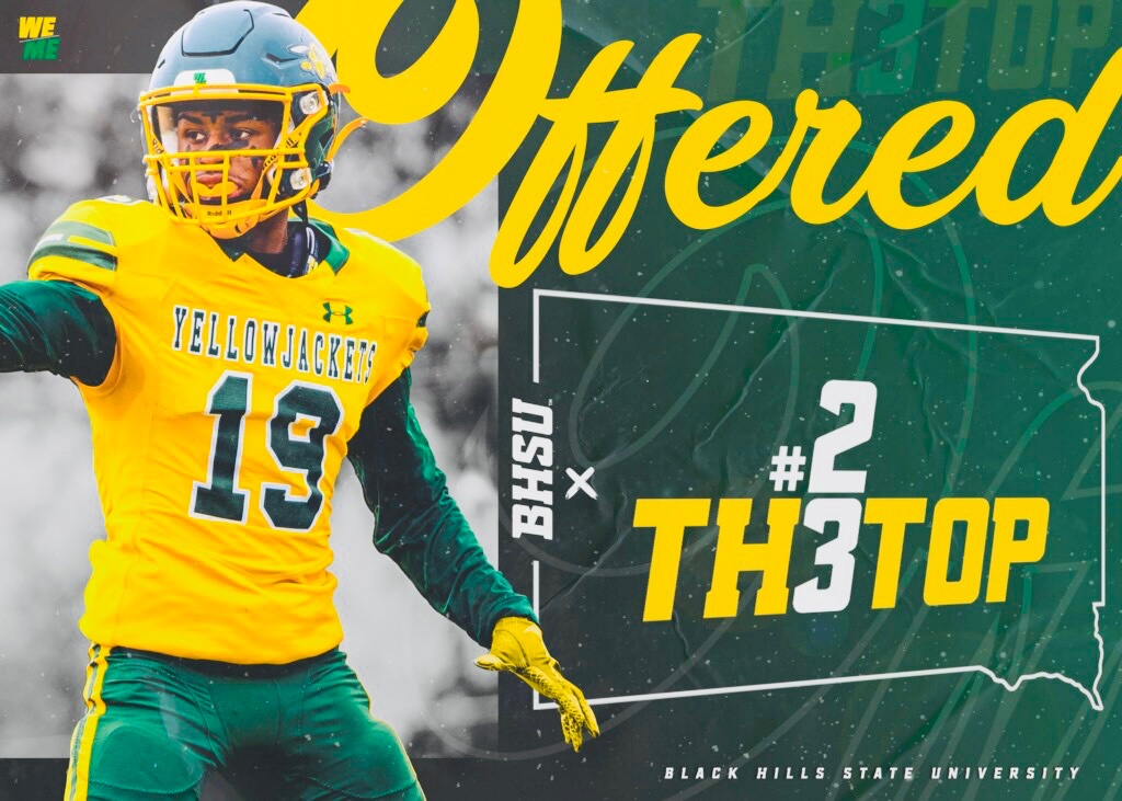 After a great conversation with @CoachBenBlake I’m grateful to have received an offer to play football at BLACK HILLS STATE UNIVERSITY! 🟢🟡 #PlayInTheHills #WeoverMe @BHSUFB @NadeFootball @coachchucs @DcCoachT @TrenchElite