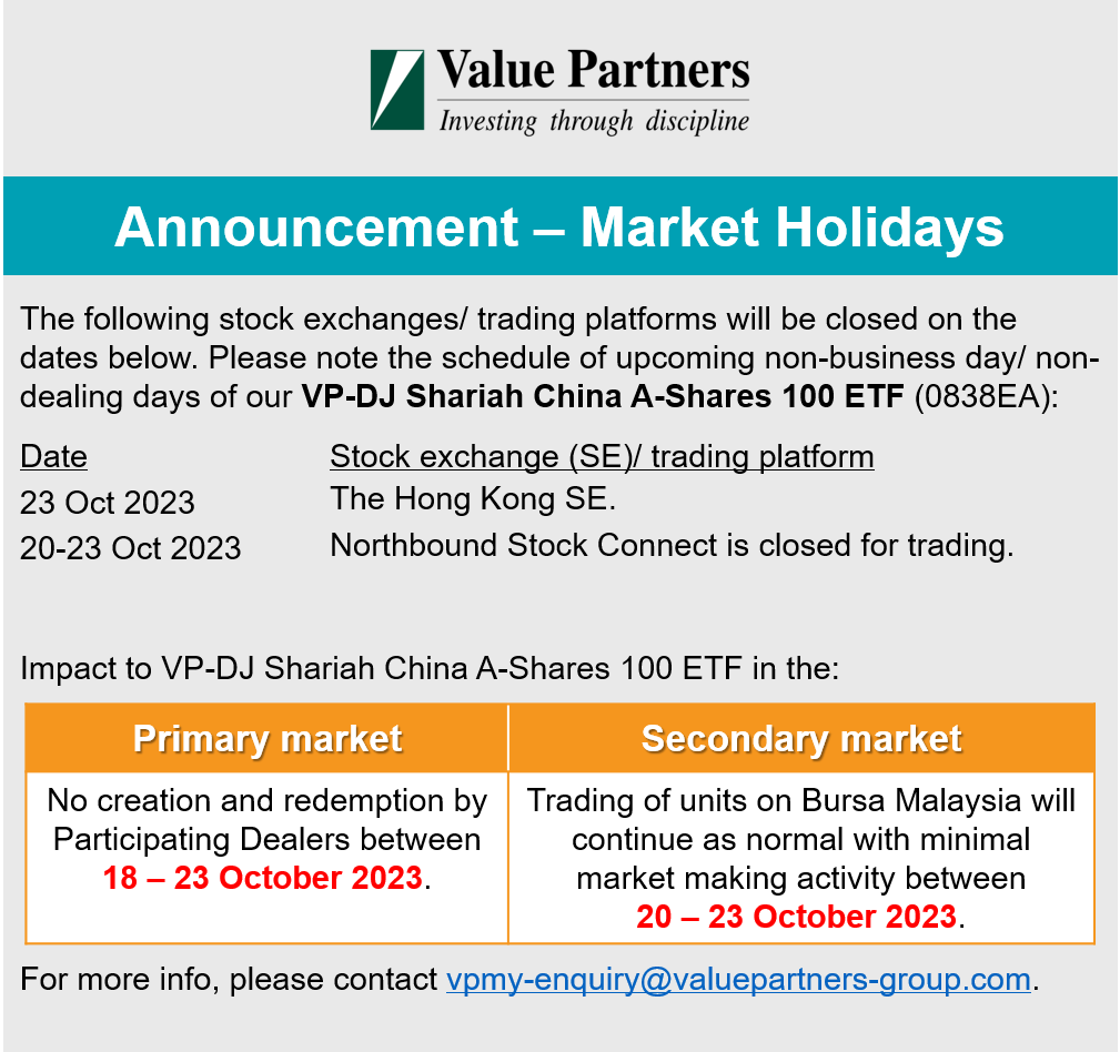 MAValuePartners's tweet photo. Dear investors, please take note of the upcoming market holidays. Units of VP-DJ Shariah China A-Shares 100 ETF can still be traded in the secondary market but its bid-ask spread may be higher. https://t.co/WvHwAz0cme