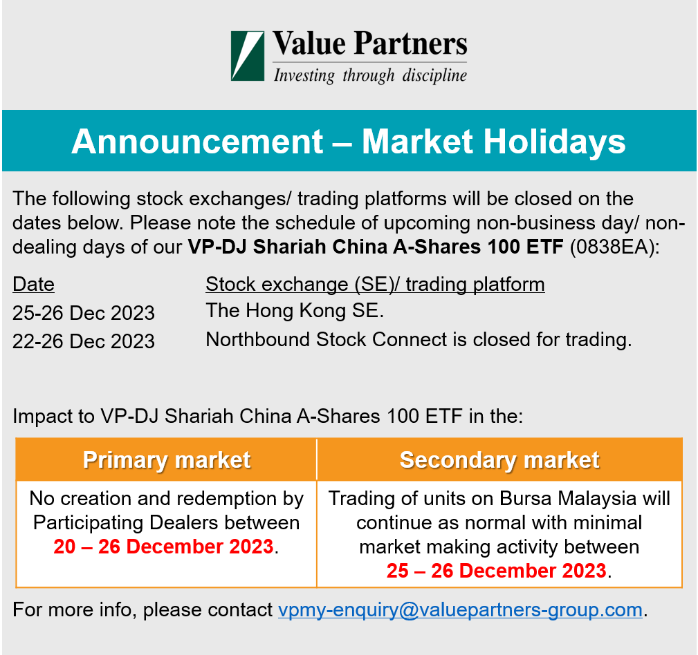 MAValuePartners's tweet photo. Dear investors, please take note of the upcoming market holidays. Units of VP-DJ Shariah China A-Shares 100 ETF can still be traded in the secondary market but its bid-ask spread may be higher. https://t.co/z9BznrndFU