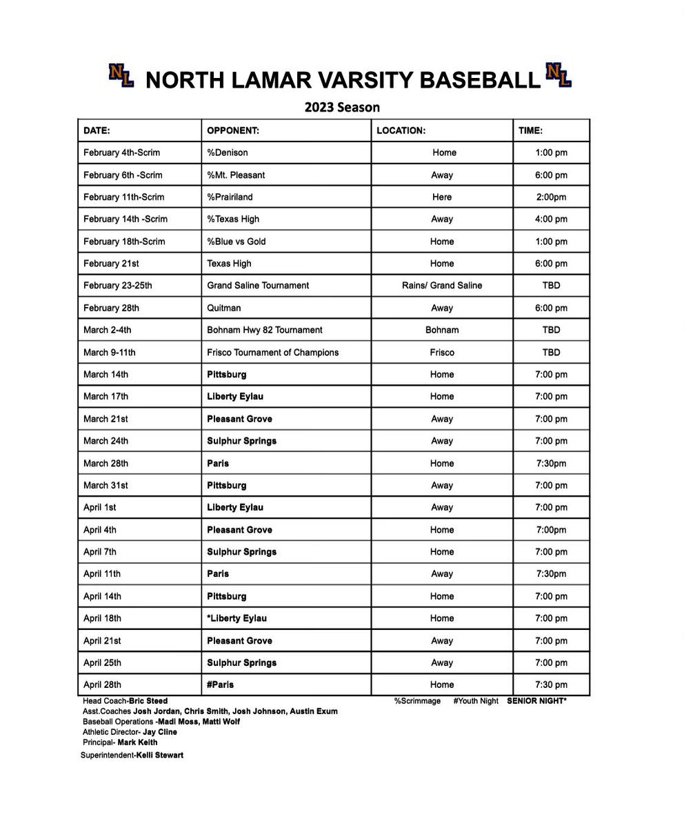 ‘23 North Lamar HS Baseball schedule