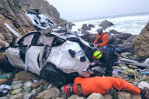 The Surfing CyberSurgeon©️ 🔪 🏄♂️🤙 ☮️ (@thecybersurg) on Twitter photo How is it even possible that a Tesla Model Y saved the lives of 4 people after a 250 ft fall down a cliff. <a href="/elonmusk/">Elon Musk</a> deserves so much credit for this. ❤️ How is it even possible that a Tesla Model Y saved the lives of 4 people after a 250 ft fall down a cliff. <a href="/elonmusk/">Elon Musk</a> deserves so much credit for this. ❤️
