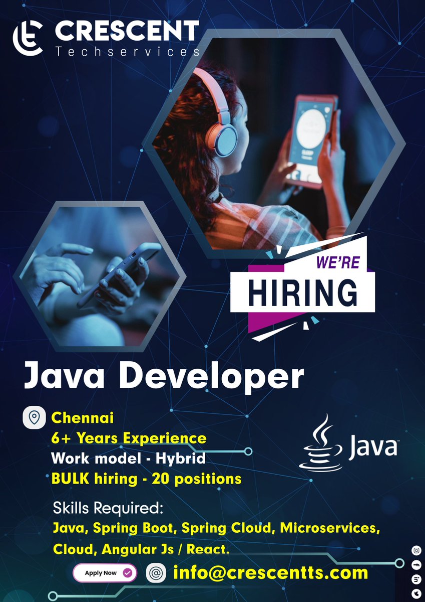 Crescent_Tech_'s tweet image. We&apos;re Hiring For Java Developer
📌Tamil Nadu (Hybrid)
6+ Years Experience
BULK hiring - 20 positions
Apply Now
👇
@ info@crescentts.com