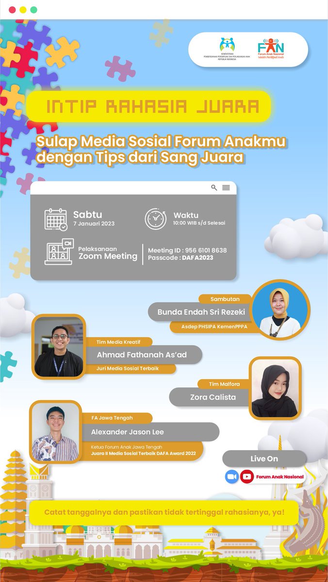 ForumAnakID's tweet photo. Webinar Pengelolaan Media Sosial dengan tema "Sulap Media Sosial Forum Anakmu dengan Tips dari Sang Juara" hadir lagi untuk memudahkan teman-teman dalam melakukan publikasi informasi tentang kegiatan Forum Anak maupun kampanye hak anak melalui medsos Forum Anak Daerah. https://t.co/D3Hns2UXM6