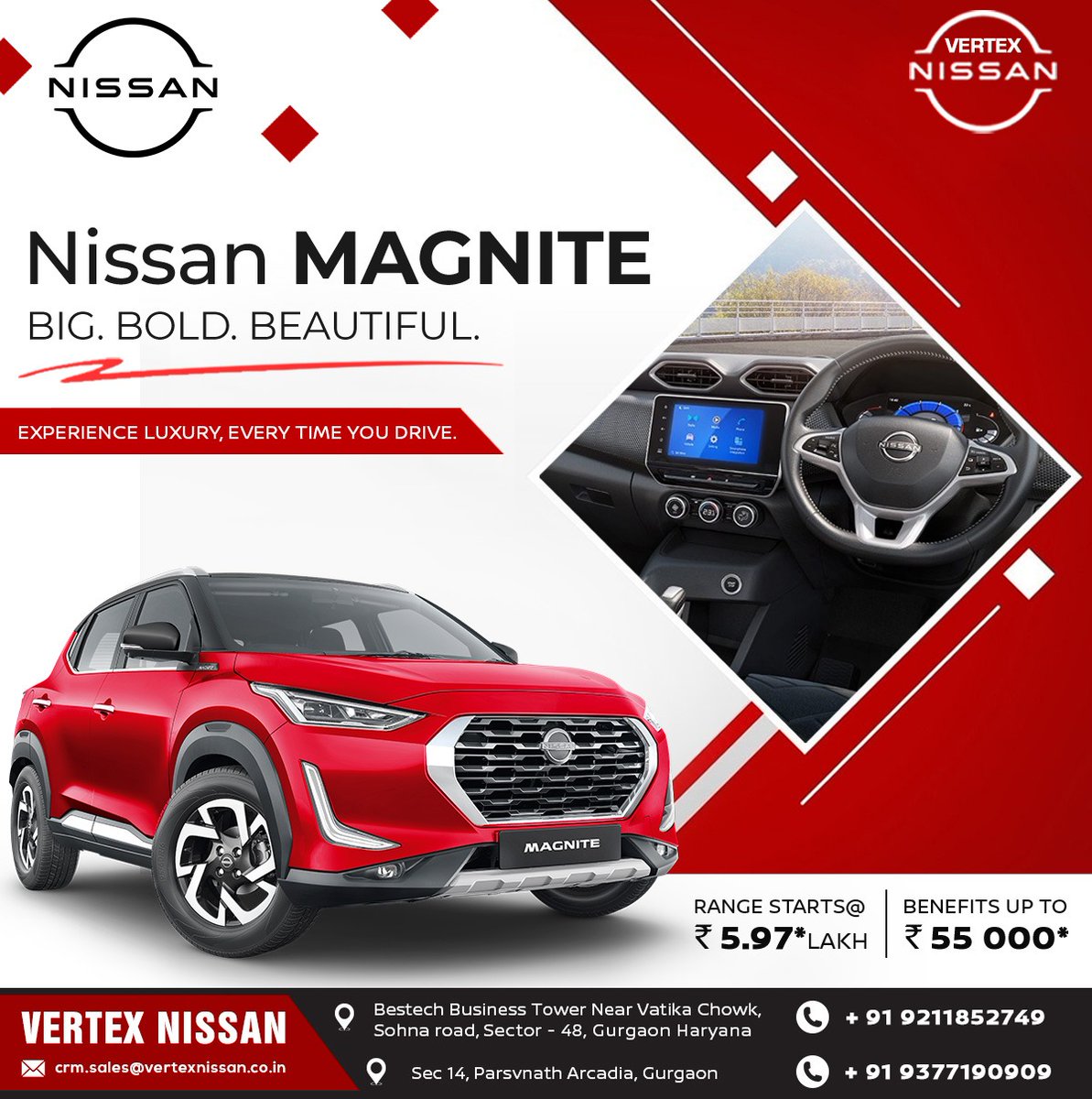 VertexNissan's tweet photo. Experience convenience, control &amp; connectivity.
Owing to Nissan’s legacy of tech ingenuity, the #NissanMagnite comes packed with innovative technologies. 
• Smartwatch Connectivity
• Wireless Charger
• 7" Drive assist 
.
👉 Book yours now &amp; Avail benefits upto ₹ 55,000* https://t.co/r4IpCFZkdU