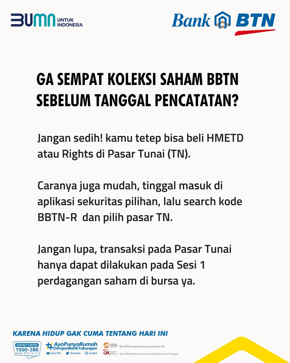 bankbtn's tweet photo. Jangan sampai terlewat, eksekusi paling lambat tanggal 5 Januari 2022

#RightsIssueBTN
#BankBTN
#ProgramSejutaRumah
#BUMNuntukNegeri
#InvestasiSaham https://t.co/TBT8Cotv83