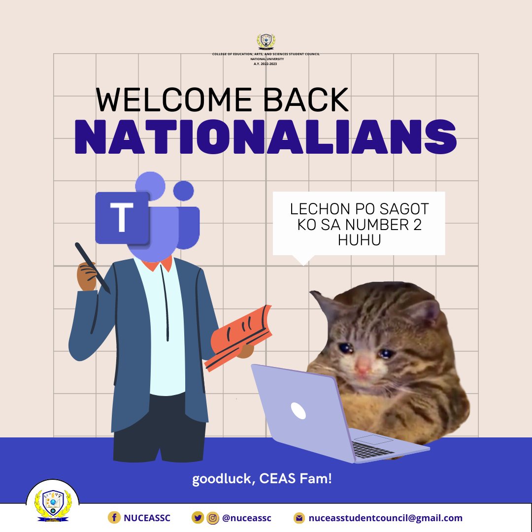 nuceassc's tweet photo. "Alexa, Play "Magbalik" by Callalily"
Ah, what a break! We surely hope you enjoyed yours since we are yet again continuing the Second Term of the Academic Year 22-'23.
Good luck, mga ka-CEAS!
#BeEnthuCEAStic
#CEASelessService
#NUCEASSC https://t.co/pQAwT8dx51