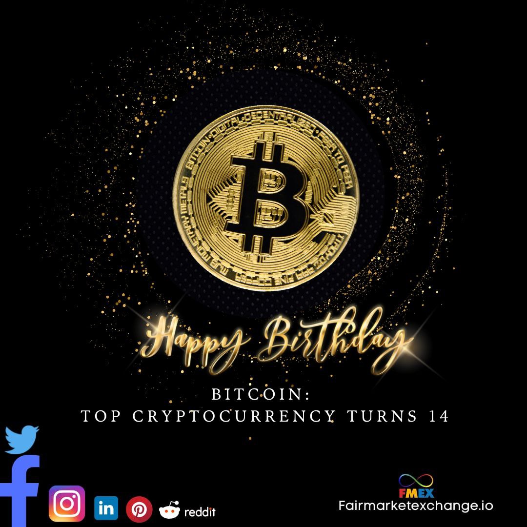 Fairmarket_io's tweet photo. #Bitcoin top #cryptocurrency turns 14. 🥳🎂🎉🥂 https://t.co/HJb8V7n67K