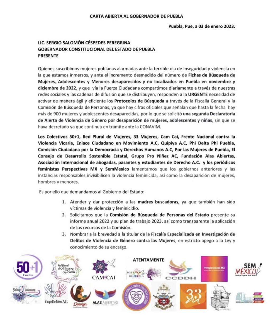 HectorHerreraO6's tweet photo. Carta abierta al gobernador de Puebla por el  incremento desmedido del número de Fichas de Búsqueda de Mujeres, Adolescentes y Menores desaparecidos y no localizados en Puebla en noviembre y diciembre de 2022: https://t.co/BZfTaIU7FK