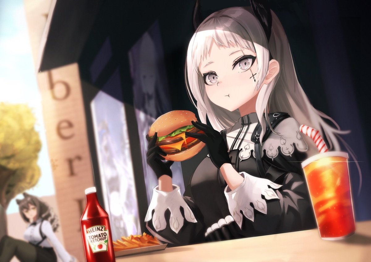 irene (arknights) food burger multiple girls 2girls gloves black gloves grey eyes  illustration images