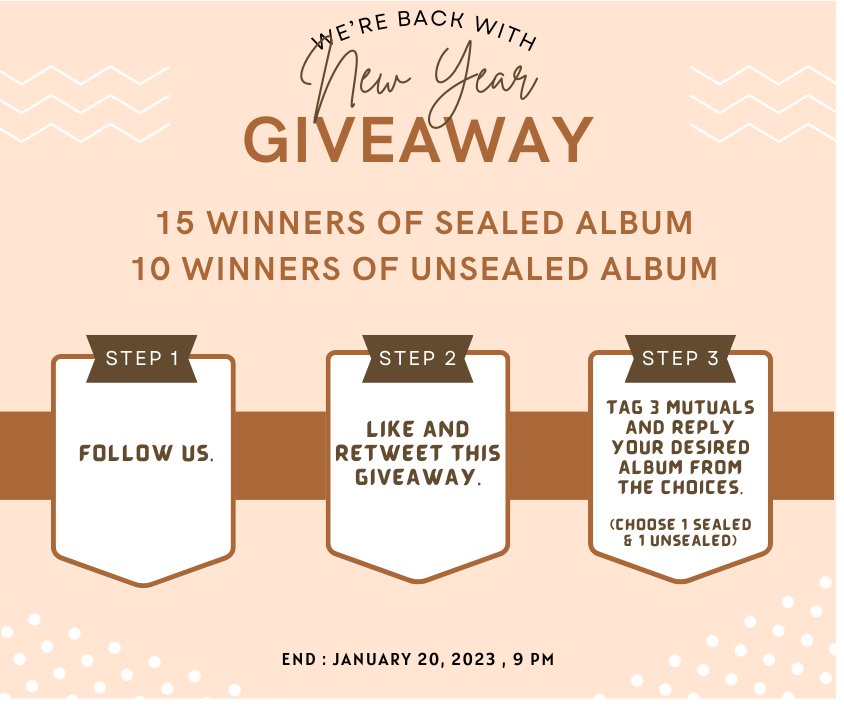 yeppimartPH's tweet photo. [LATE NEW YEAR GIVEAWAY]

🎊15 winners of SEALEDalbum
🎊10 winners of UNSEALED album

-follow
-like &amp; rt
-tag 3 mutuals
-reply your chosen sealed &amp; unsealed albums (1 each) from the choices on the pic. up to 3 replies only.

Don't miss the chance! Join NOW! https://t.co/Q2E4dkeoaA