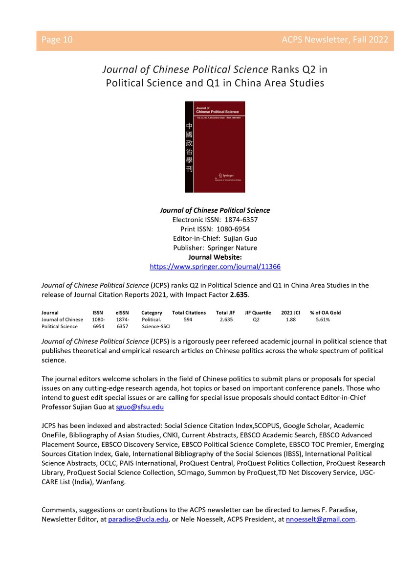 Association of Chinese Political Studies (@acpsus) on Twitter photo (Continued)📣Announcement: New issue of ACPS newsletter is out! 🎉
Highlights (4/4):
Journal of Chinese Political Science Update (Continued)📣Announcement: New issue of ACPS newsletter is out! 🎉
Highlights (4/4):
Journal of Chinese Political Science Update