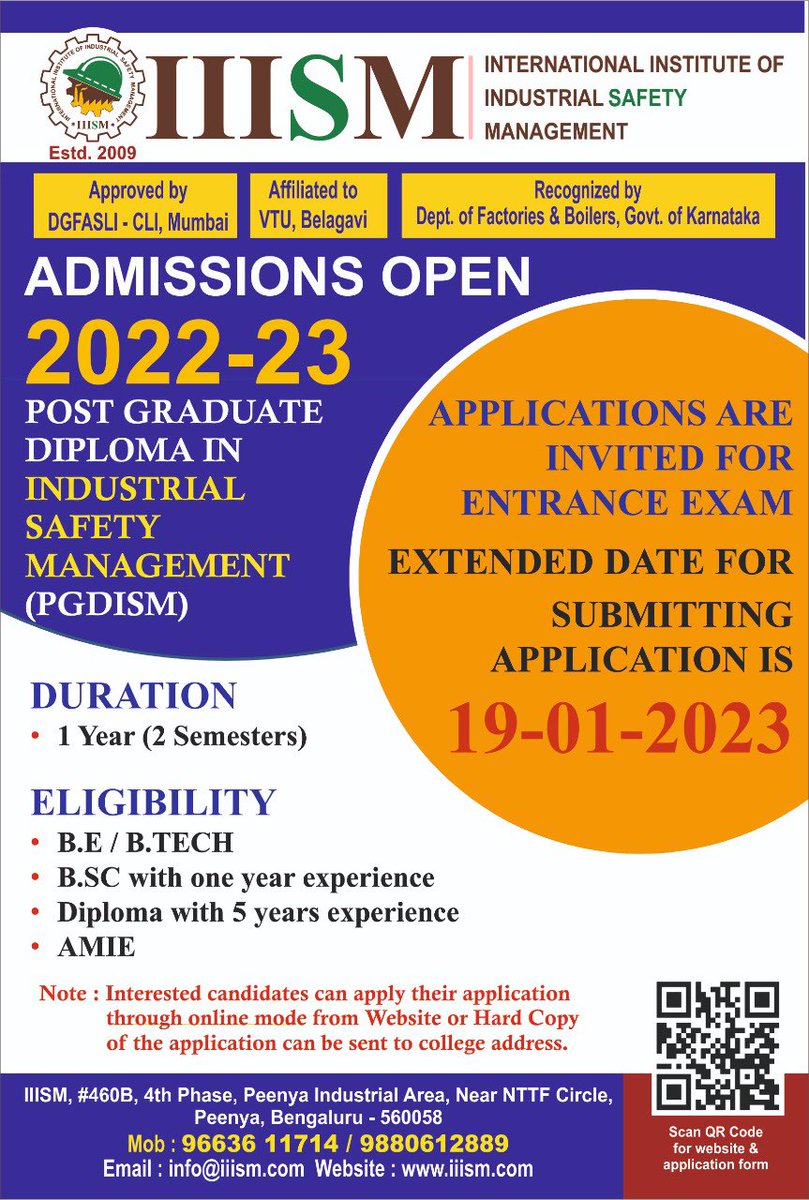 Admission open for 2022-23  

➡️. Entrance examinations for second batch is on 21.01.2023.

➡️ Last date for sending application  up to 19.01.2023.

IIISM Approved by  

➡️ DGFASLI 
➡️ VTU & 
➡️ Department of Factories & Boilers 

Contact:- 9663611714- 9880612889