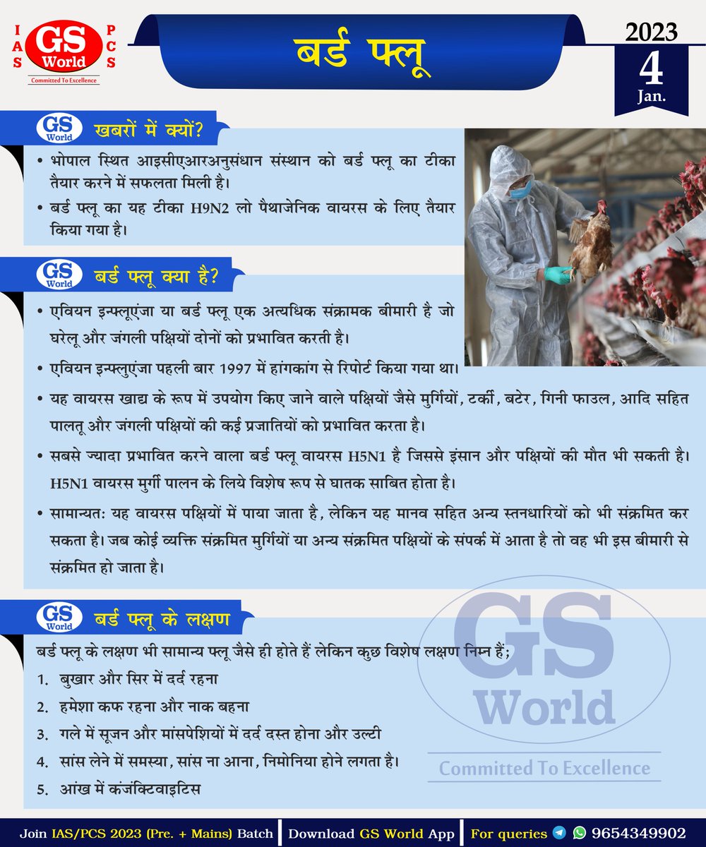 GSWORLDIAS1's tweet photo. ICAR shares 1st indigenously-developed bird-flu vaccine to private firms.
Here is the details on #BirdFlu in today's #PrelimsPointer
#BirdFlu #H5N1 #H1N1
#H9N2 #ICAR
#ScienceTech
#IASPre
#UPPCSPre #BPSC #MPPCS
#ChattisgarhPCS https://t.co/RGQOupuyxp