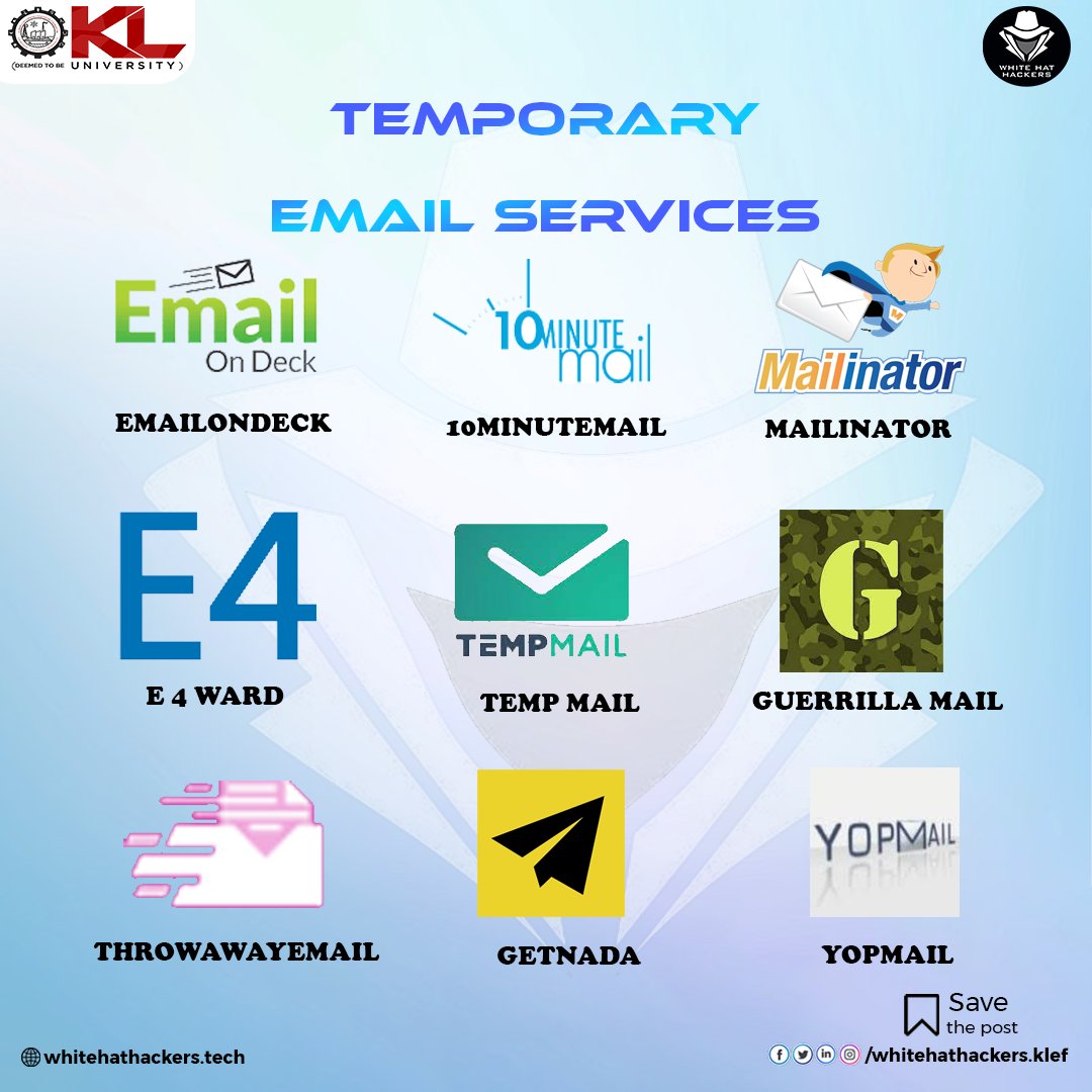 whitehat_klef's tweet photo. Hey technophiles💫

Here we go with some of temporary email services that one must and should have an idea☺️

Hope you all find it interesting✨
#cybersecurity #ethicalhacking #cyber #hackers #cyberattack #ethicalhacker #ethicalhackersclub #whitehatklef #kluniversity #klu #klcse https://t.co/W0VLcy0DhF