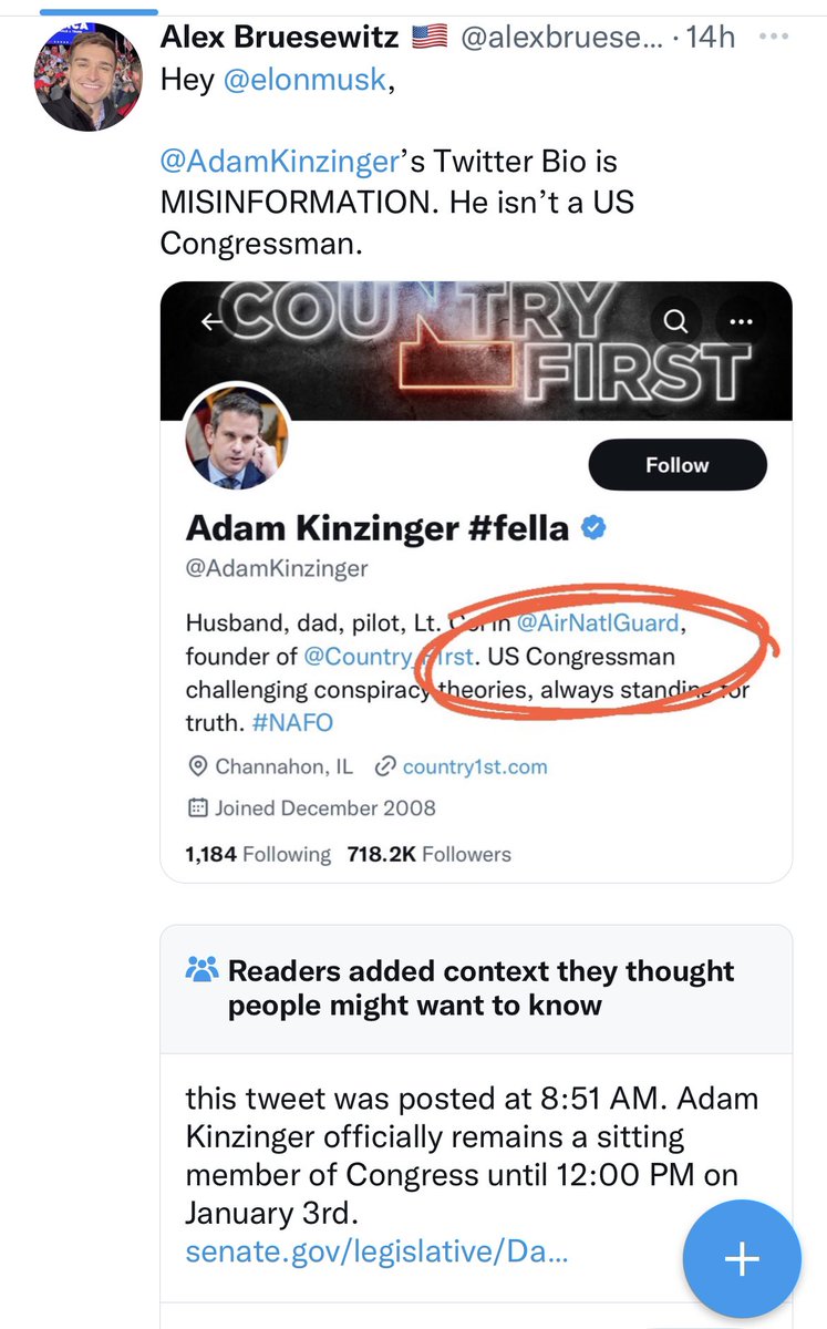 alexbruesewitz's tweet photo. Hey @elonmusk, my previous tweet about @AdamKinzinger spreading misinformation by claiming he’s a member of congress was fact checked because he technically was one until noon today.

It’s now 11:40pm &amp; he’s still claiming to be a member… https://t.co/UKTFdgBiAL