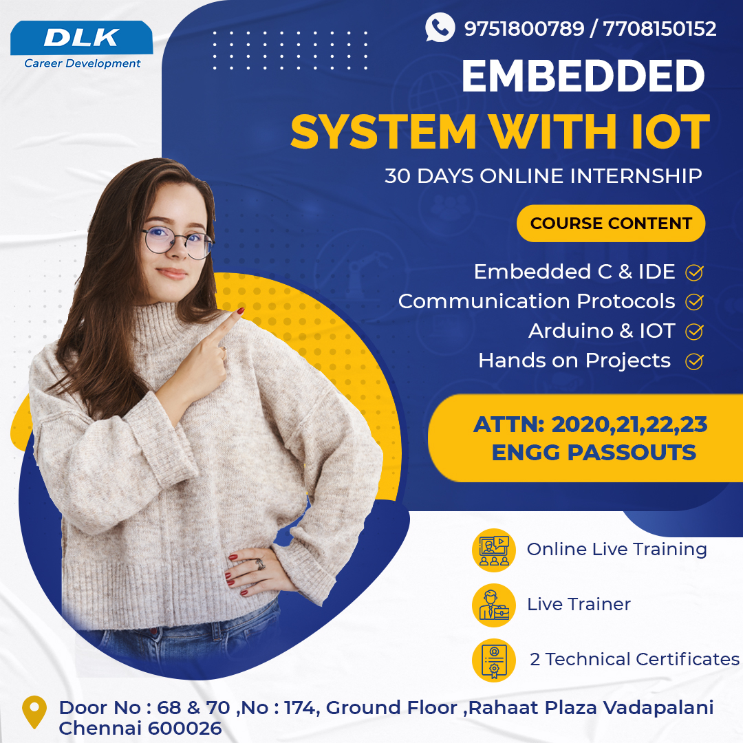dlk_cdc's tweet image. EMBEDDED SYSTEM With IOT Internship Training!!!
𝐋𝐨𝐜𝐚𝐭𝐢𝐨𝐧
g.page/dlk-career-dev…
Contact -7904320834 
𝐎𝐟𝐟𝐢𝐜𝐞 𝐚𝐝𝐝𝐫𝐞𝐬𝐬:-
DLK Career Development
RahaatPlaza Ground floor,Vadapalani,Chennai,Tamil Nadu 600026
#training #learning #coding #dlkcdc #traininginchennai