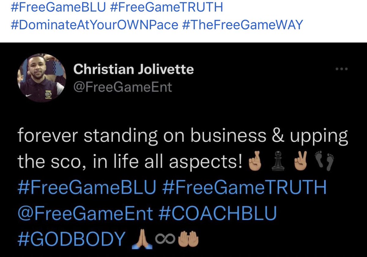 FreeGameEnt's tweet photo. #CoachBLU #DominateAtYourOWNpace #TheFreeGameWAY @FreeGameEnt #GODBODY #FreeGameTRUTH @FreeGameEnt https://t.co/BkiHKwfyfy