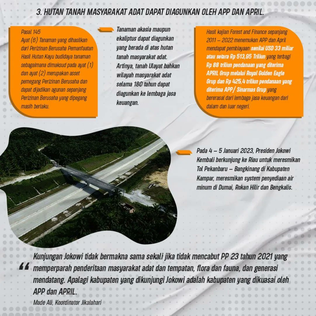 Presiden Jokowi Melegalkan 180 Tahun Konsesi APP dan APRIL di Riau

Selengkapnya di link berikut:
jikalahari.or.id/kabar/rilis/pr…

#kunjunganpresiden 
#tolpekanbarubangkinang 
#uuciptakerja 
#perpuciptakerja 
#180tahun 
#korporasihti
#perhutanansosial 
#presidenjokowi 
#jikalahari2023